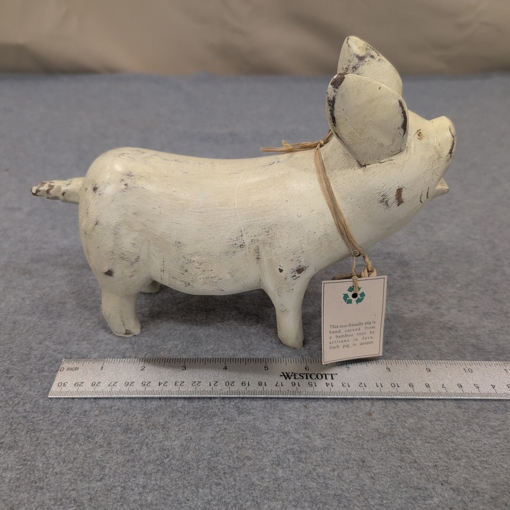 Hand Carved Bamboo Root Pig Figurine Gracie Java Indonesia Eco Friendly White - Picture 3 of 4